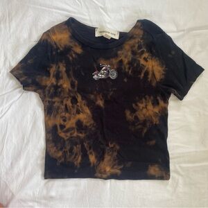 Black Tie Dye Bleach Crop Motorcycle Top